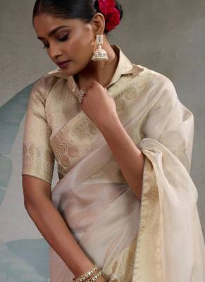 Cream tissue silk woven patta & pallu saree with blouse 4