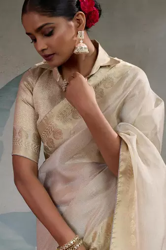 Cream tissue silk woven patta & pallu saree with blouse