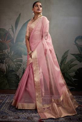 Pink tissue silk woven patta & pallu saree with blouse 1