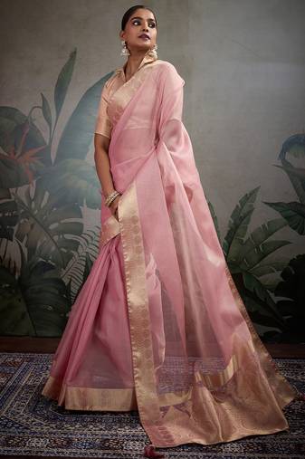 Pink tissue silk woven patta & pallu saree with blouse