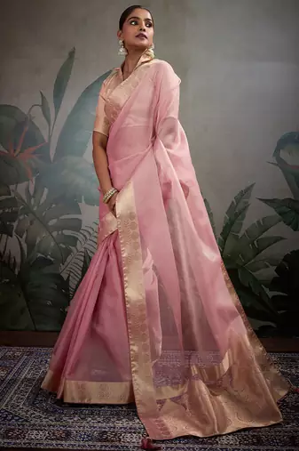 Pink tissue silk woven patta & pallu saree with blouse