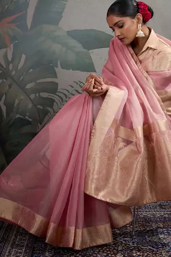 Pink tissue silk woven patta & pallu saree with blouse