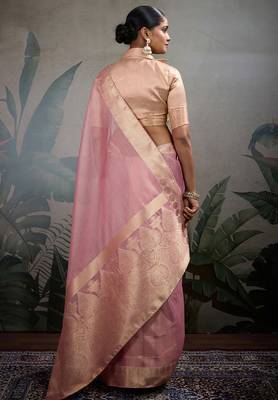 Pink tissue silk woven patta & pallu saree with blouse 3