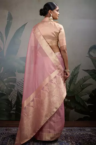 Pink tissue silk woven patta & pallu saree with blouse
