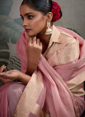 Pink tissue silk woven patta & pallu saree with blouse 4