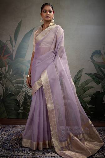 Lavender tissue silk woven patta & pallu saree with blouse