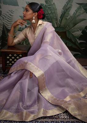 Lavender tissue silk woven patta & pallu saree with blouse 2