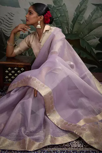 Lavender tissue silk woven patta & pallu saree with blouse