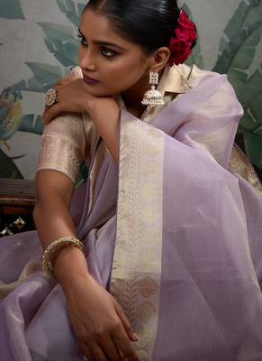 Lavender tissue silk woven patta & pallu saree with blouse 3