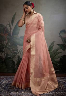 Peach tissue silk woven patta & pallu saree with blouse 1