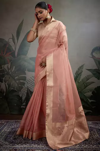 Peach tissue silk woven patta & pallu saree with blouse