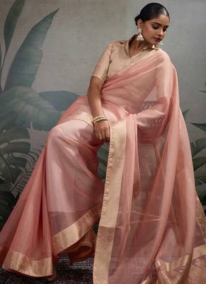Peach tissue silk woven patta & pallu saree with blouse 2