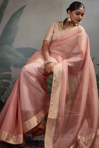 Peach tissue silk woven patta & pallu saree with blouse