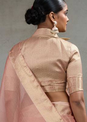 Peach tissue silk woven patta & pallu saree with blouse 3