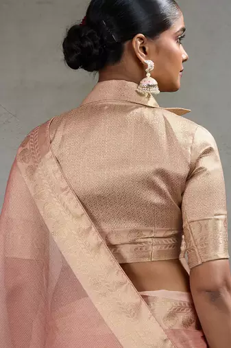 Peach tissue silk woven patta & pallu saree with blouse