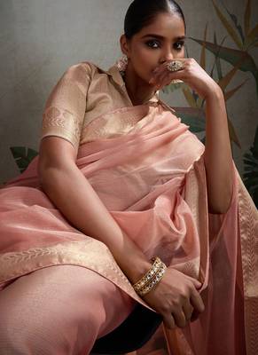 Peach tissue silk woven patta & pallu saree with blouse 4