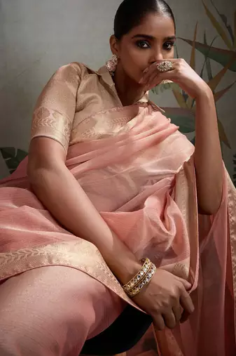 Peach tissue silk woven patta & pallu saree with blouse