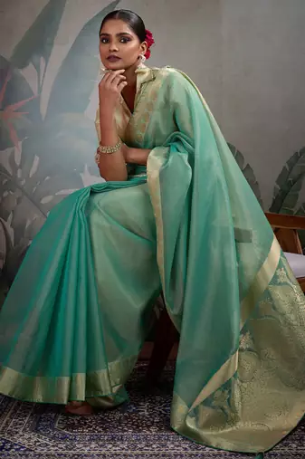 Green faux georgette embroidery with sequins work top-palazzo with dupatta Full Stitched Free Size