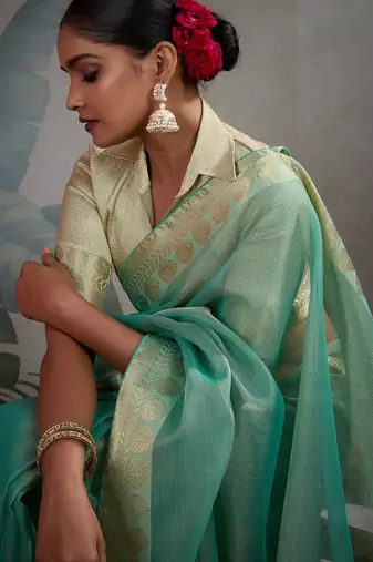 Green faux georgette embroidery with sequins work top-palazzo with dupatta Full Stitched Free Size