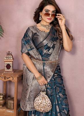 Teal Color Wedding Organza Silk Saree 1