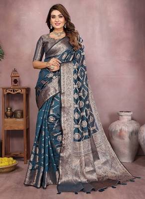 Teal Color Wedding Organza Silk Saree 2