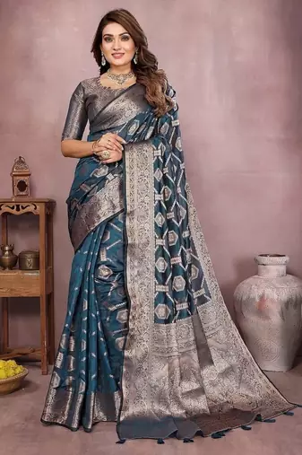 Teal Color Wedding Organza Silk Saree