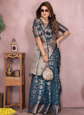 Teal Color Wedding Organza Silk Saree 3