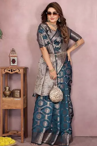 Teal Color Wedding Organza Silk Saree