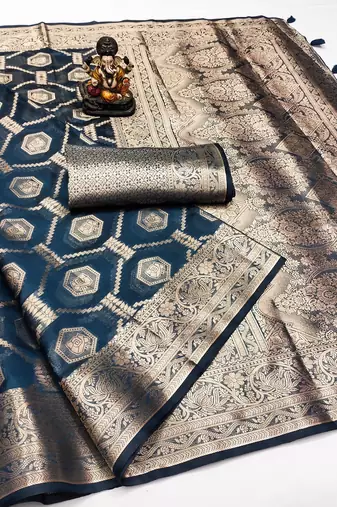 Teal Color Wedding Organza Silk Saree