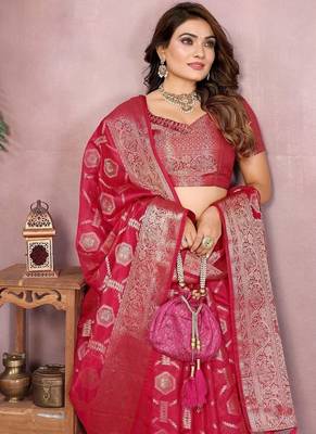 Rani Pink Color Wedding Organza Silk Saree 1