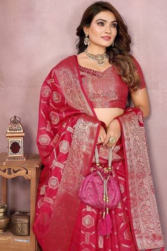 Rani Pink Color Wedding Organza Silk Saree