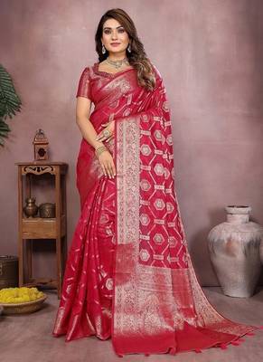 Rani Pink Color Wedding Organza Silk Saree 2