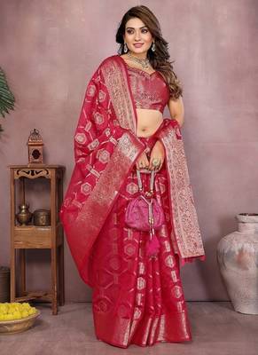 Rani Pink Color Wedding Organza Silk Saree 3