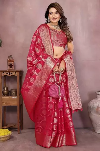 Rani Pink Color Wedding Organza Silk Saree
