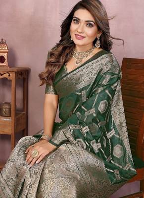 Dark Green Color Wedding Organza Silk Saree 1