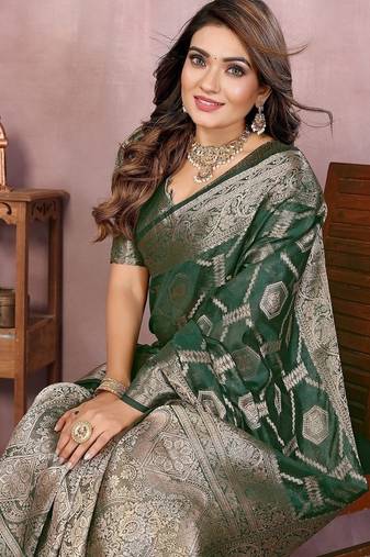 Dark Green Color Wedding Organza Silk Saree