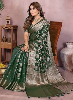 Dark Green Color Wedding Organza Silk Saree 2