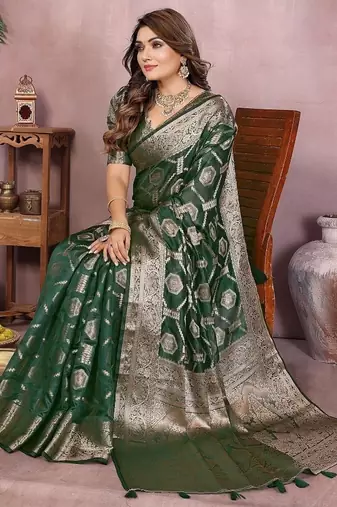 Dark Green Color Wedding Organza Silk Saree