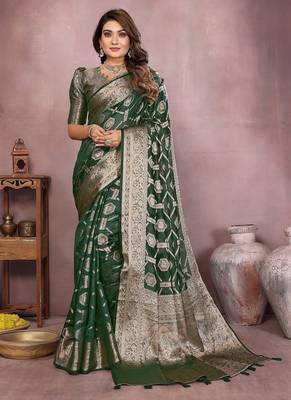 Dark Green Color Wedding Organza Silk Saree 3