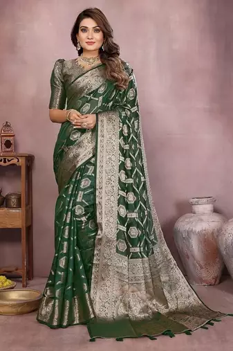 Dark Green Color Wedding Organza Silk Saree