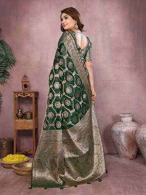 Dark Green Color Wedding Organza Silk Saree 4