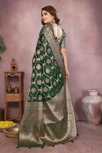 Dark Green Color Wedding Organza Silk Saree