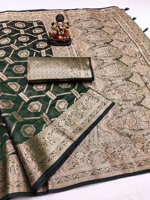 Dark Green Color Wedding Organza Silk Saree 5
