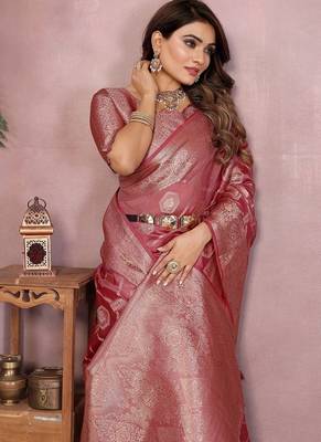 Onion Pink Color Wedding Organza Silk Saree 1