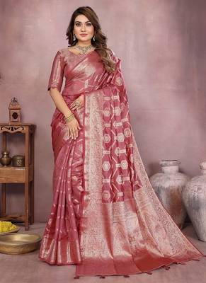 Onion Pink Color Wedding Organza Silk Saree 2