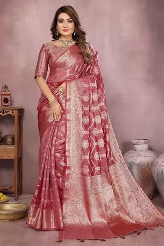 Onion Pink Color Wedding Organza Silk Saree