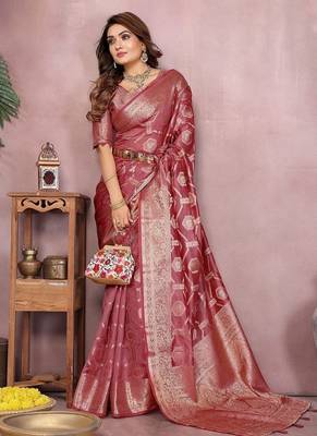 Onion Pink Color Wedding Organza Silk Saree 3