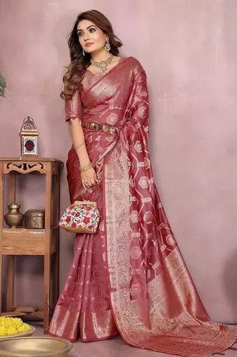 Onion Pink Color Wedding Organza Silk Saree