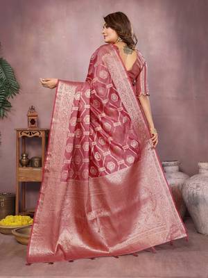 Onion Pink Color Wedding Organza Silk Saree 4