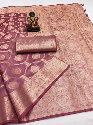 Onion Pink Color Wedding Organza Silk Saree 5